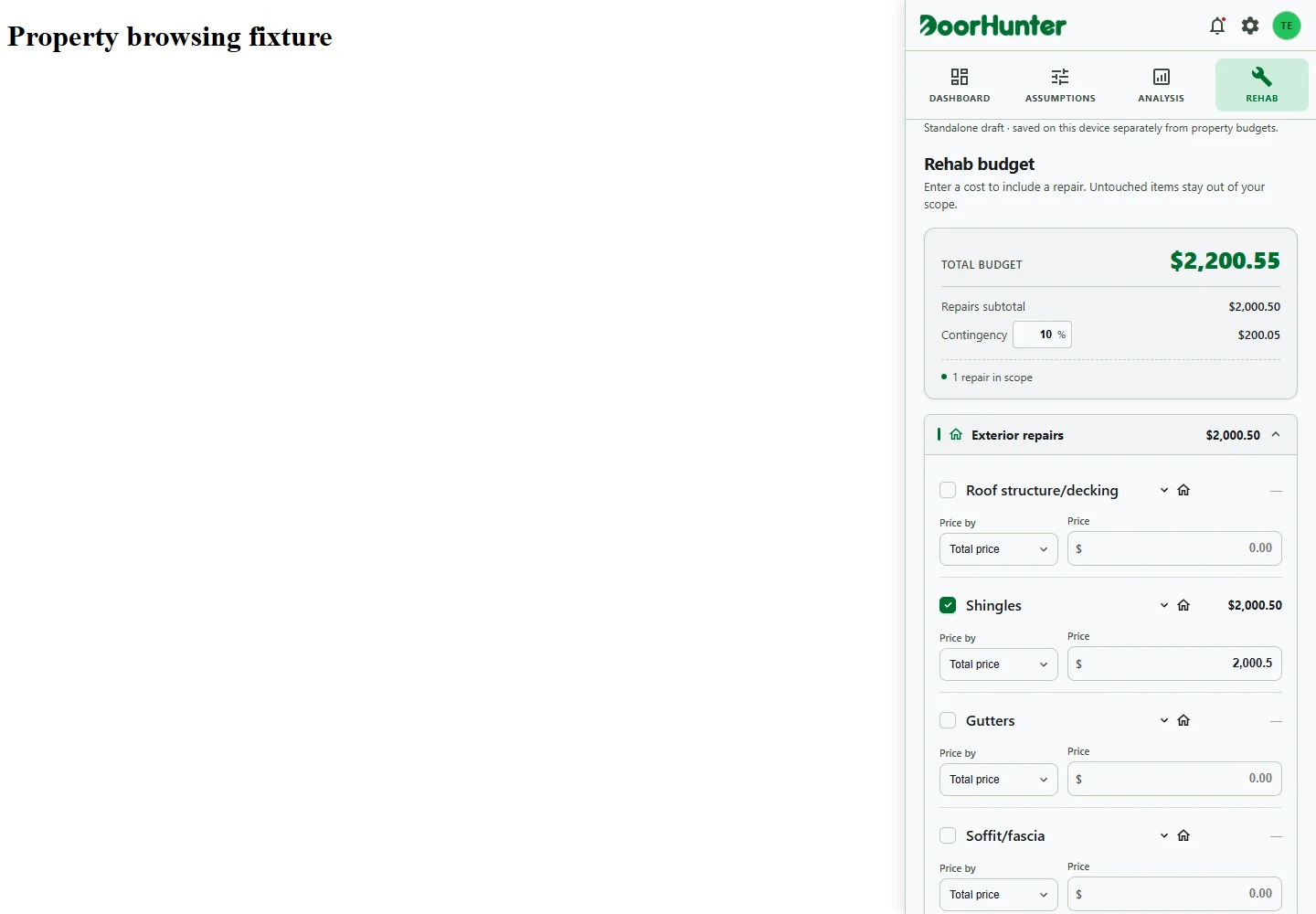 Actual DoorHunter Chrome extension showing an editable rehab budget